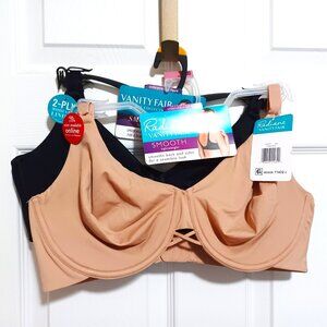 Two New Bras Radiant Vanity Fair Smooths Back Underwire Size 38 D Black Tan Lot